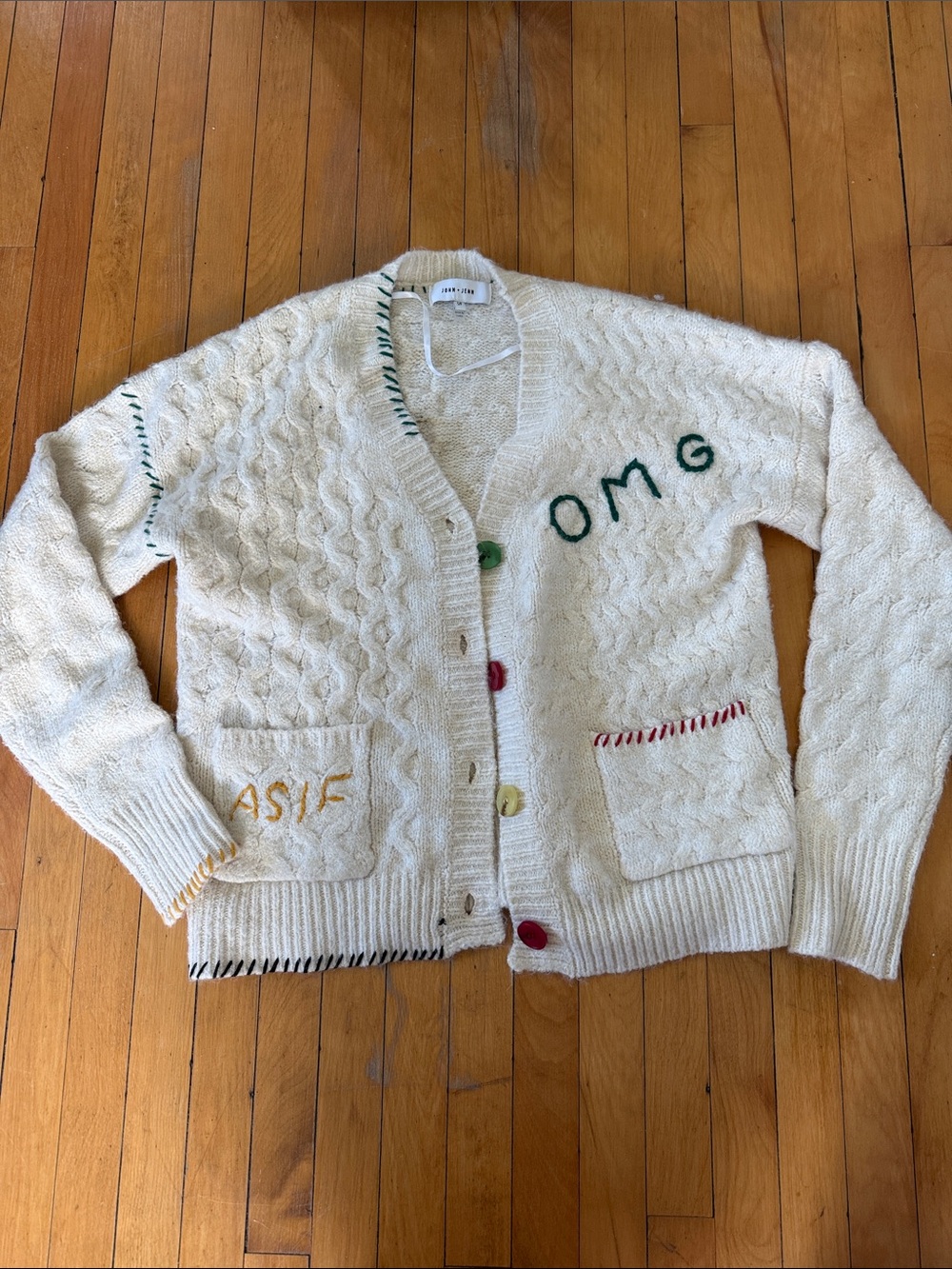 Cream Cable Knit Cardigan Sweater with Embroidered Accents